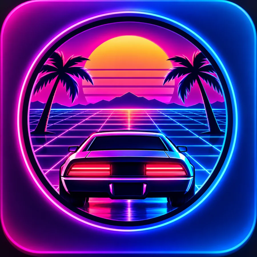DreamLine app icon: a car driving on a neon grid toward a striped sunset between palm trees