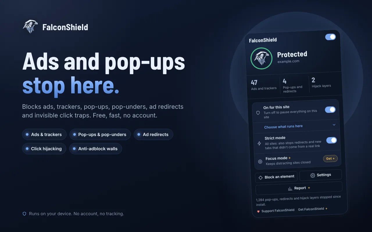 FalconShield overview: ads and pop-ups stop here