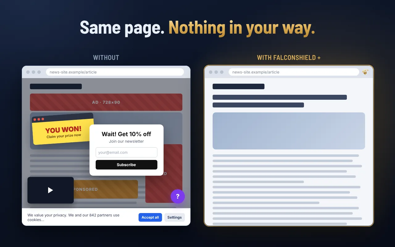 The same news page with and without FalconShield